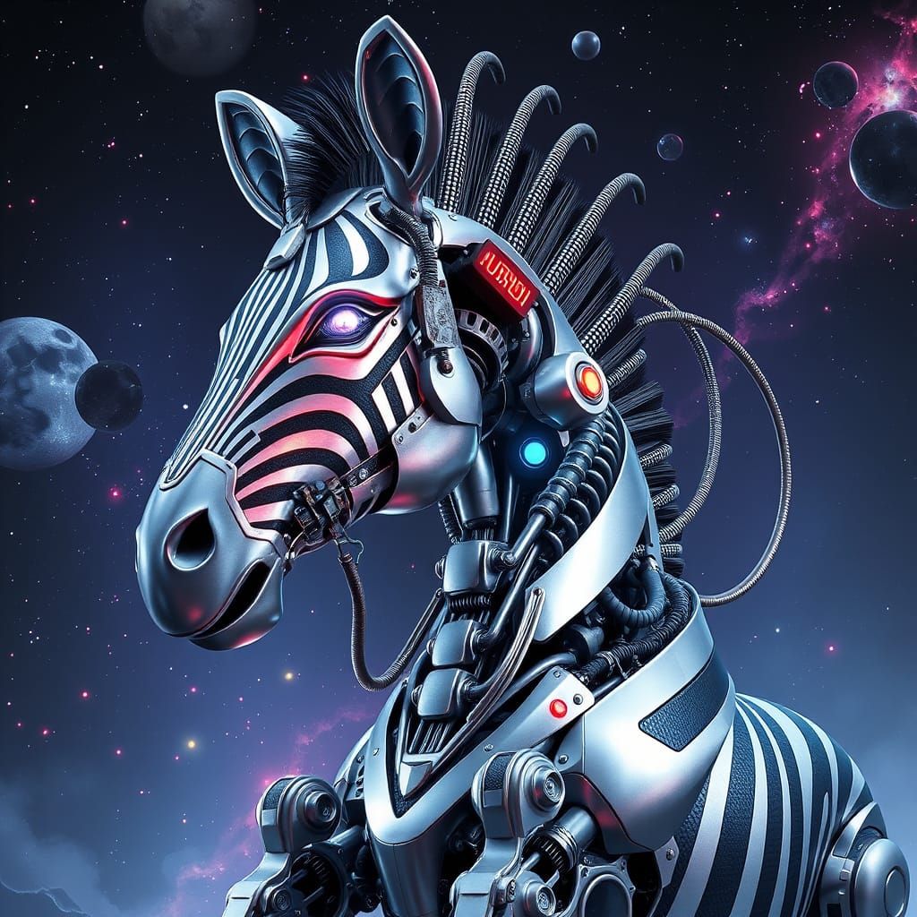 Gigantic Robot zebra made of liquid silver and nickel, full body, wires, metallic Moebius ribbons, LEDs, ...  by @Alan Firrel