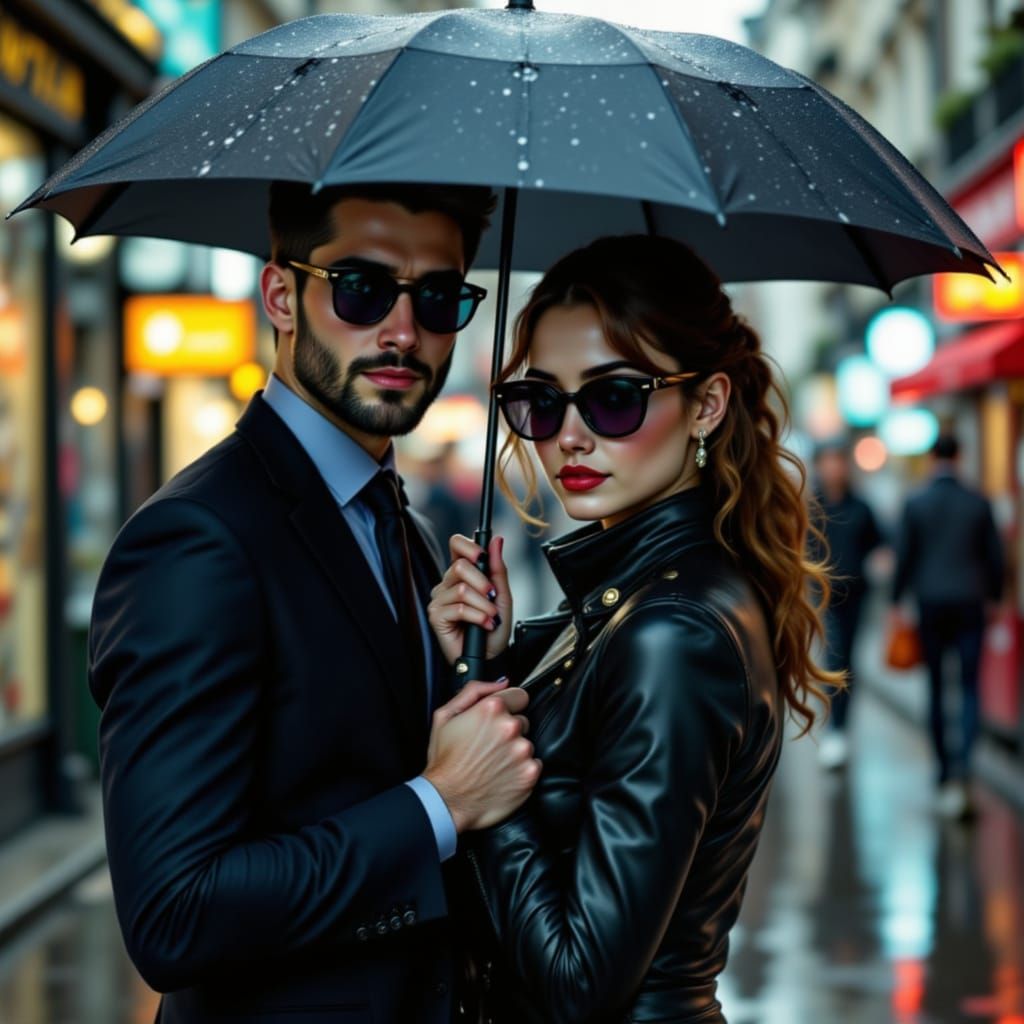 Couple in Sunglasses on Rainy London Street