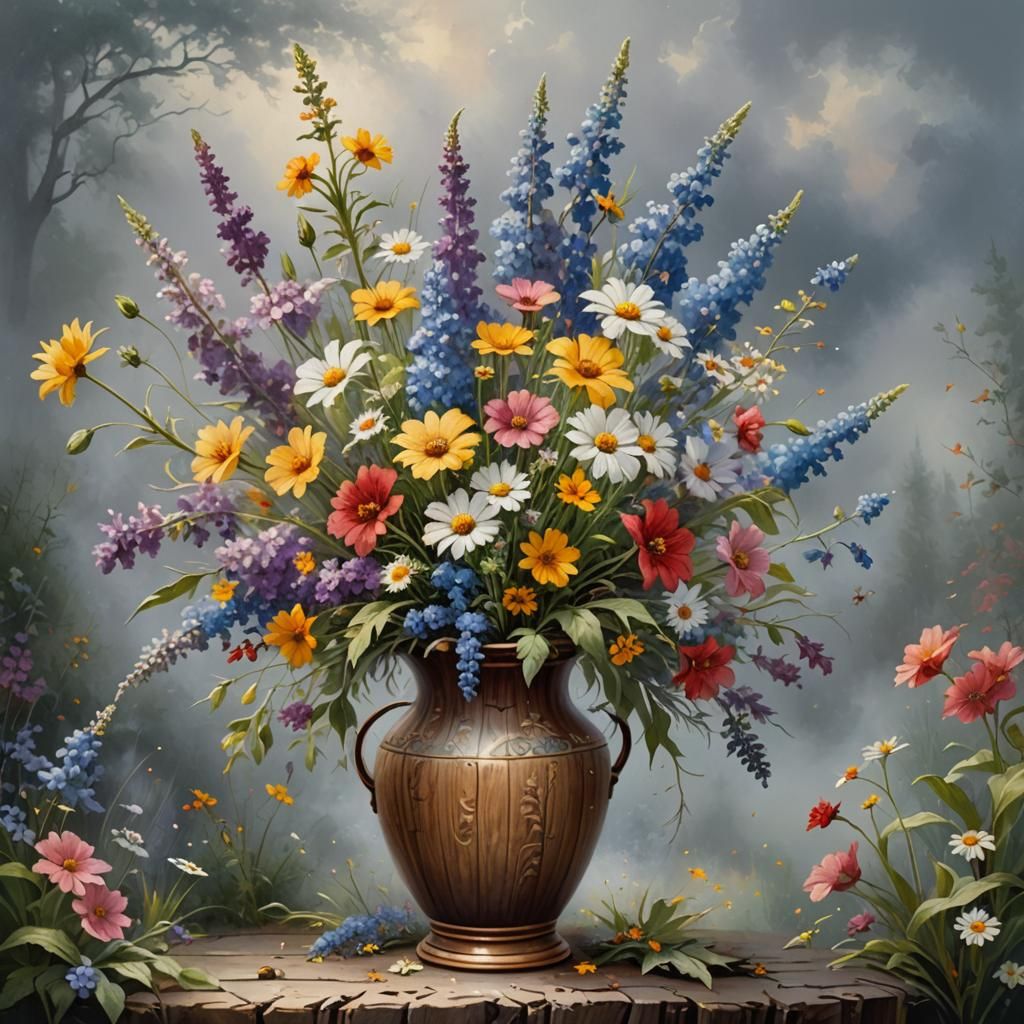 Bouquet of wildflowers in a wooden painted vase on a gray ba...