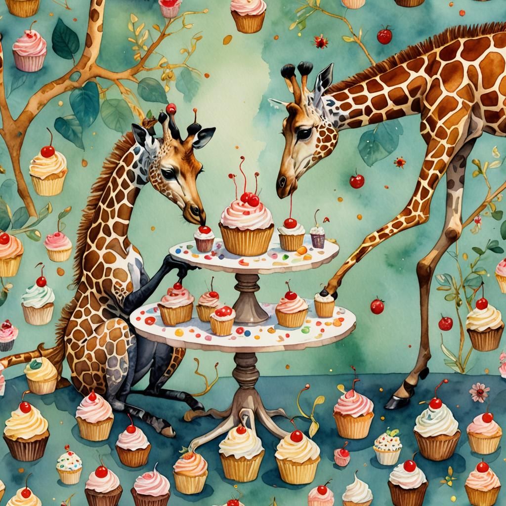 two giraffes eating cupcakes on a table, watercolour illustration in