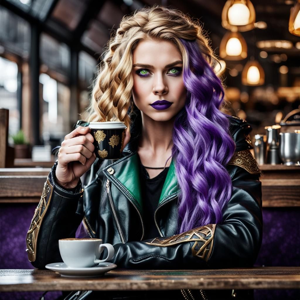 Valkyrie with Viking features, wavy golden hair that has pur...
