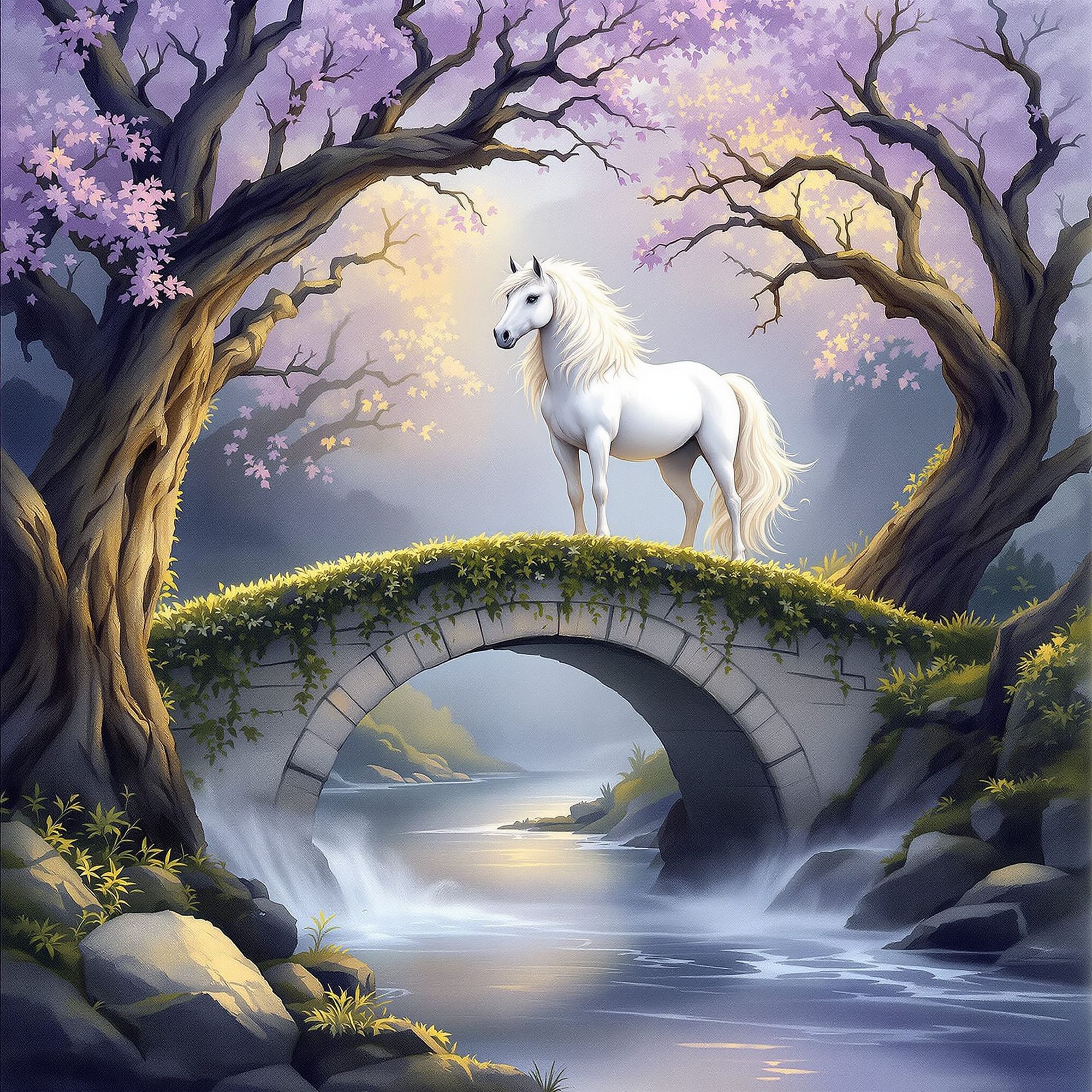 A majestic white horse with a flowing mane stands on a moss-covered stone bridge arching over a gently flowing river. The scene is bathed in...