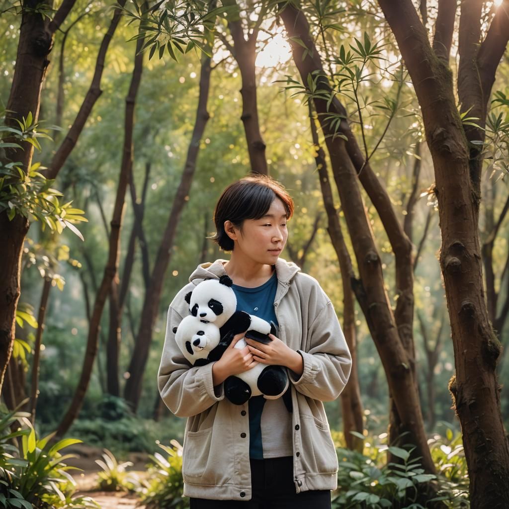 Person with Panda Plushie in Natural Setting