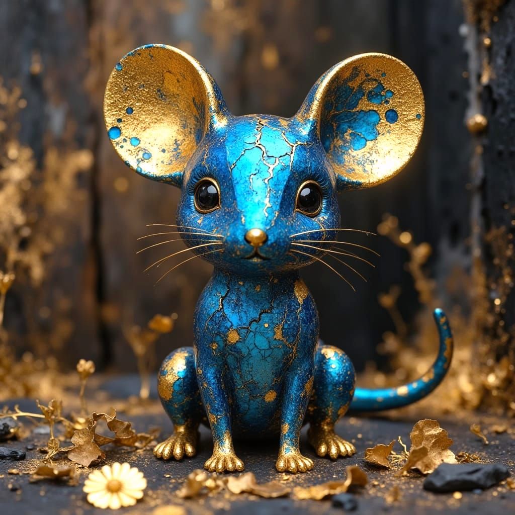 Cute Mouse Sculpture With Golden Cracked Skin