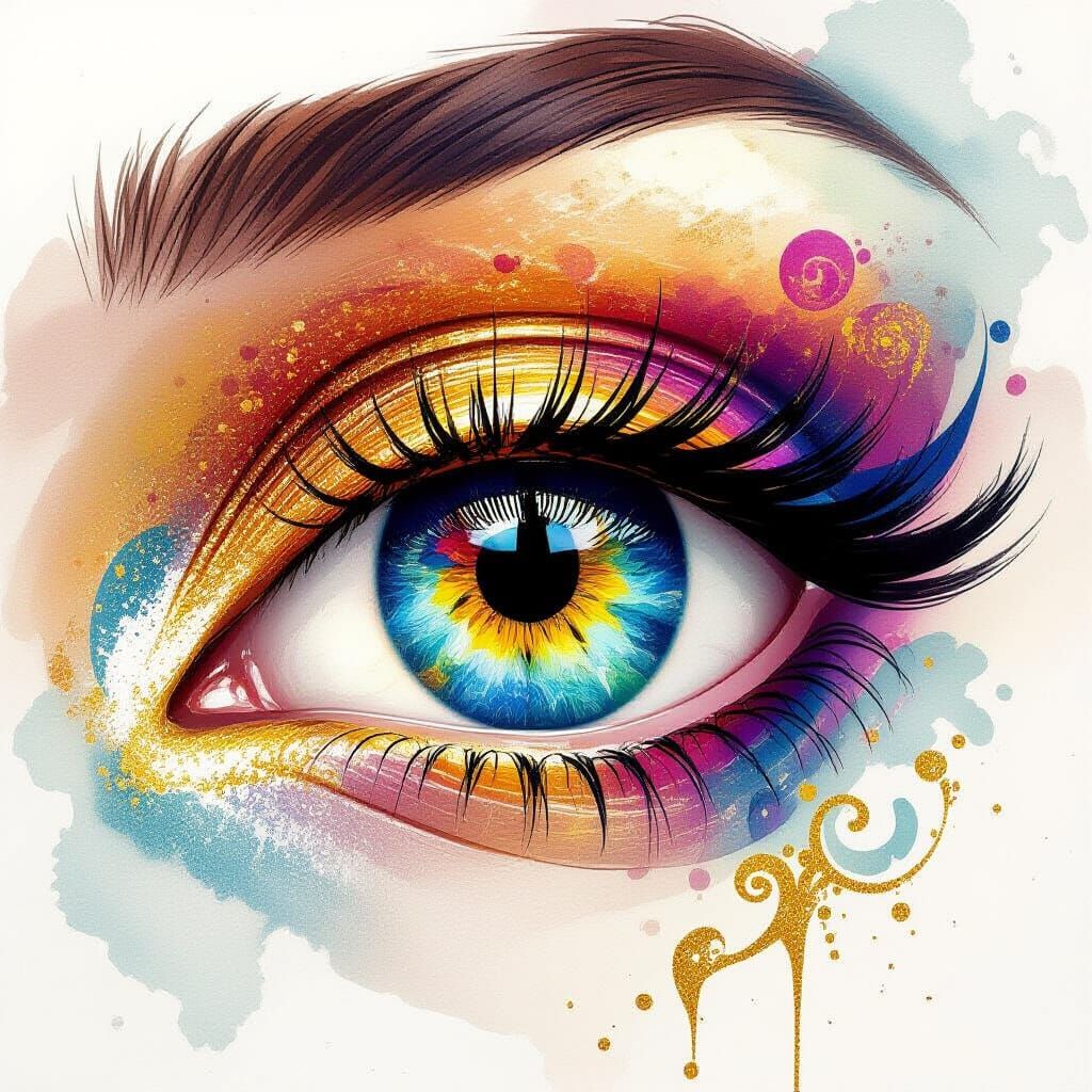 Glitter Eye with Abstract Swirls in Watercolor Style