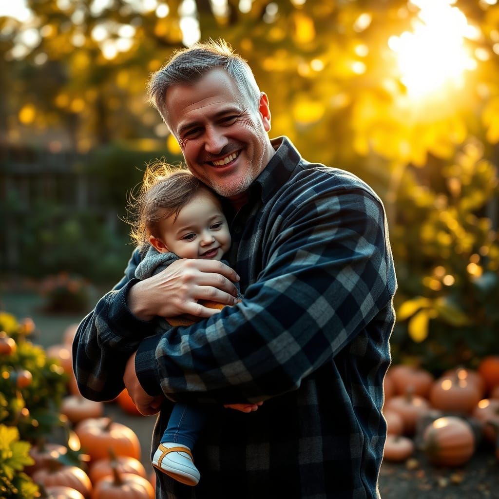 Loving father in mid-40s with warm smile, casual Sunday outfit, cradling 5-year-old daughter in cozy ...  by @Chris