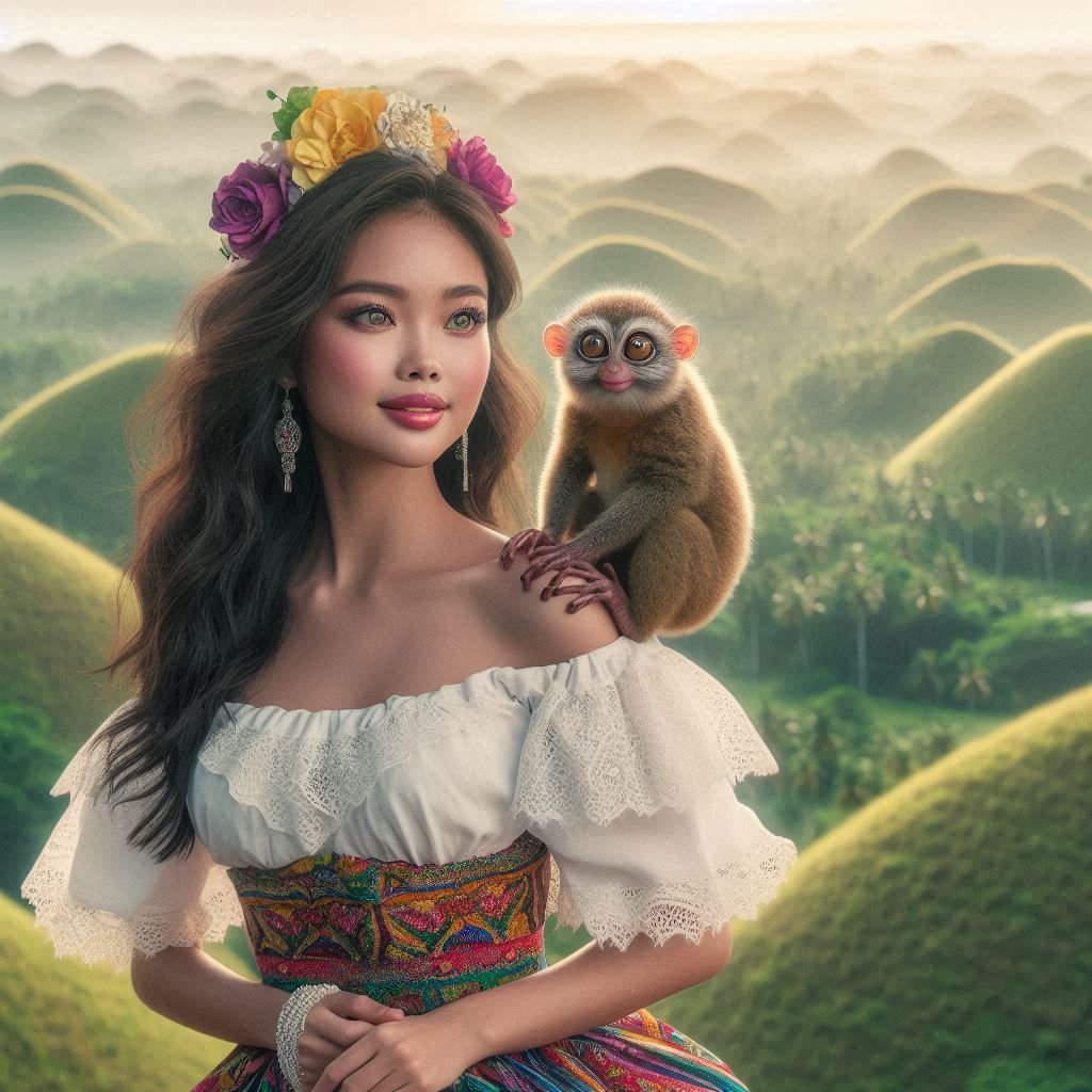 Filipina Maiden, a Tarsier and the Chocolate Hills, Bohol