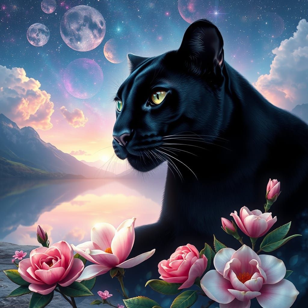 Surreal Panthère Noire in a Vibrant Cosmic Landscape