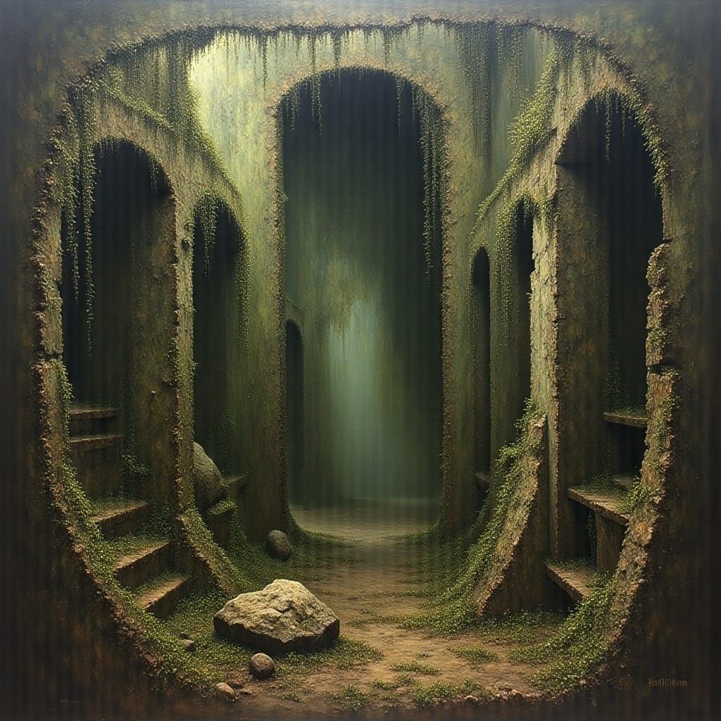 <lora:MJ6 Macabre:1.3> Withered Gardens – Overgrown gardens, with wilting plants and crumbling statues, painted in muted greens and browns;...