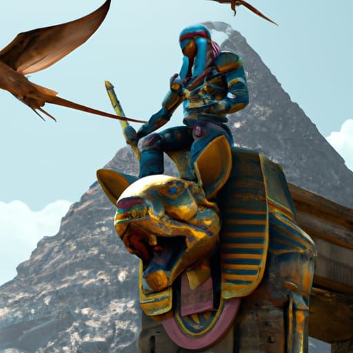 Pharaoh rides on the back of a golden dragon flies over the ...
