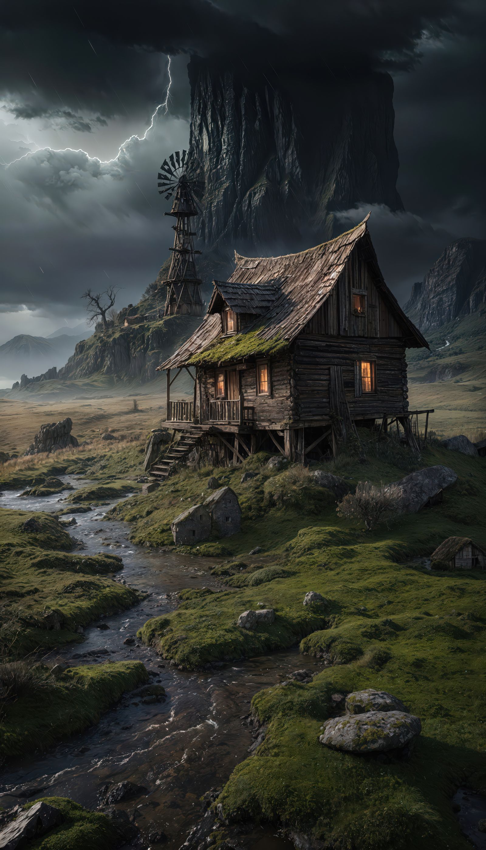 House and a Windmill In Storm