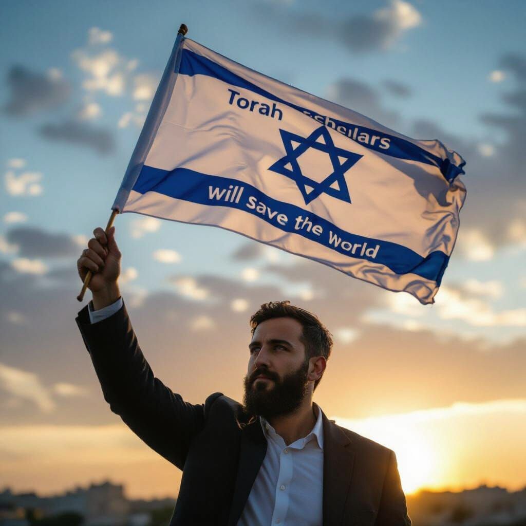 Israeli Flag Waved Against Dramatic Sky: Cinematic Style