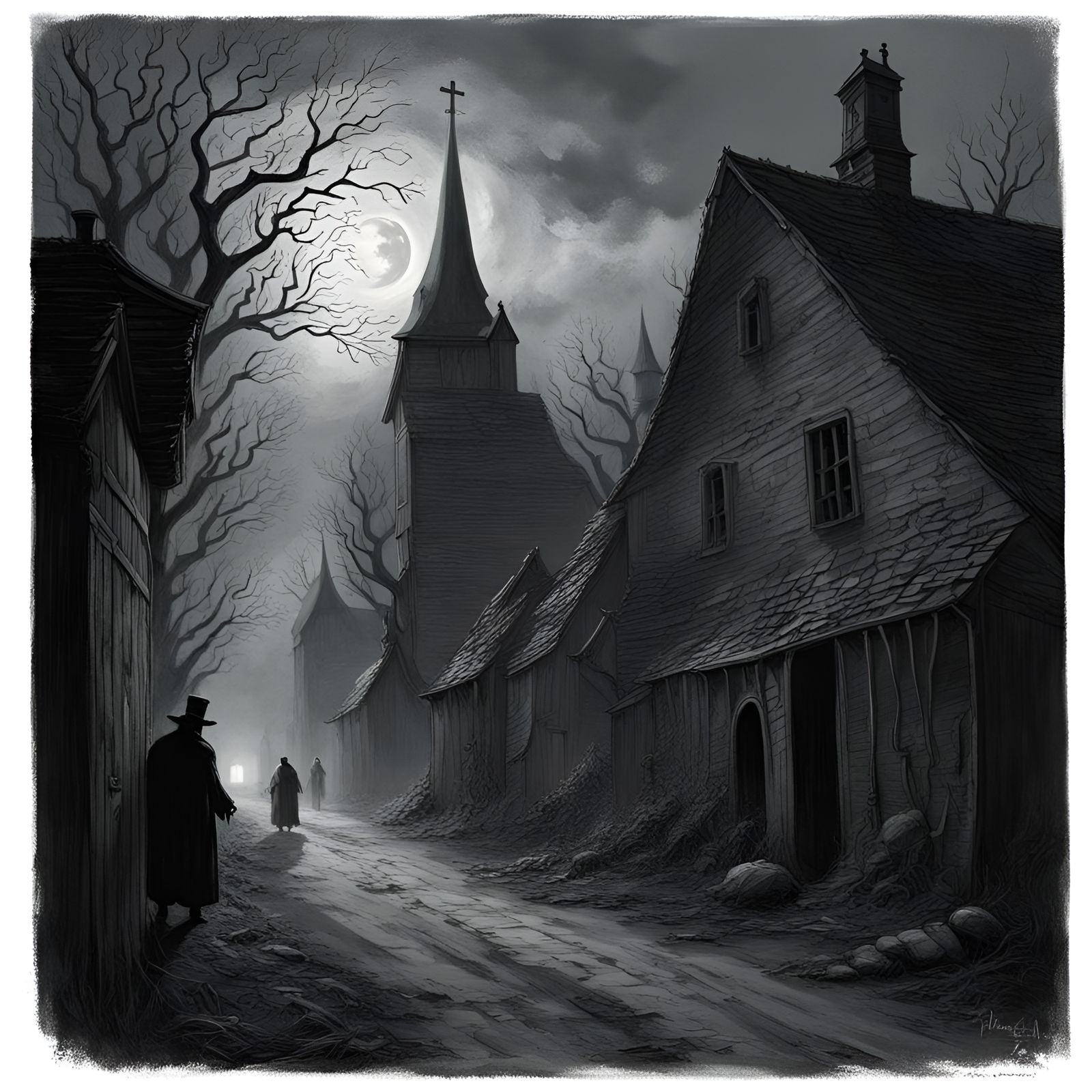a haunted countryside village with an apparition down an eerie alley horror Gustave Doré Greg Rutkowskisinister ...  by @Patsy 