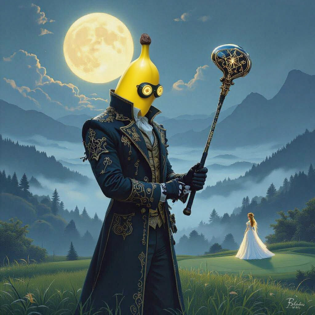 A BANANA MAN  HOLDING A GOLFCLUB with like , perched atop a golf course overlooking a misty  valley shrouded in twilight ACROSS TO A BEAUTIF...