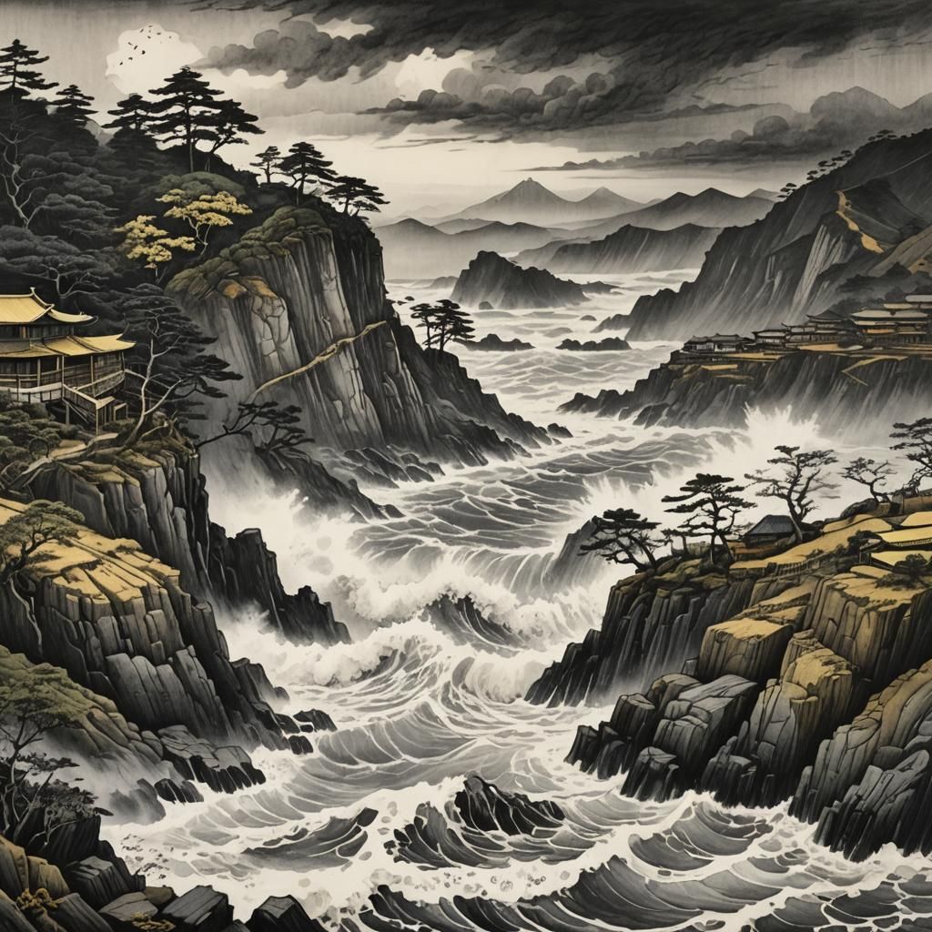 Rugged Japanese Coastline Charcoal Drawing