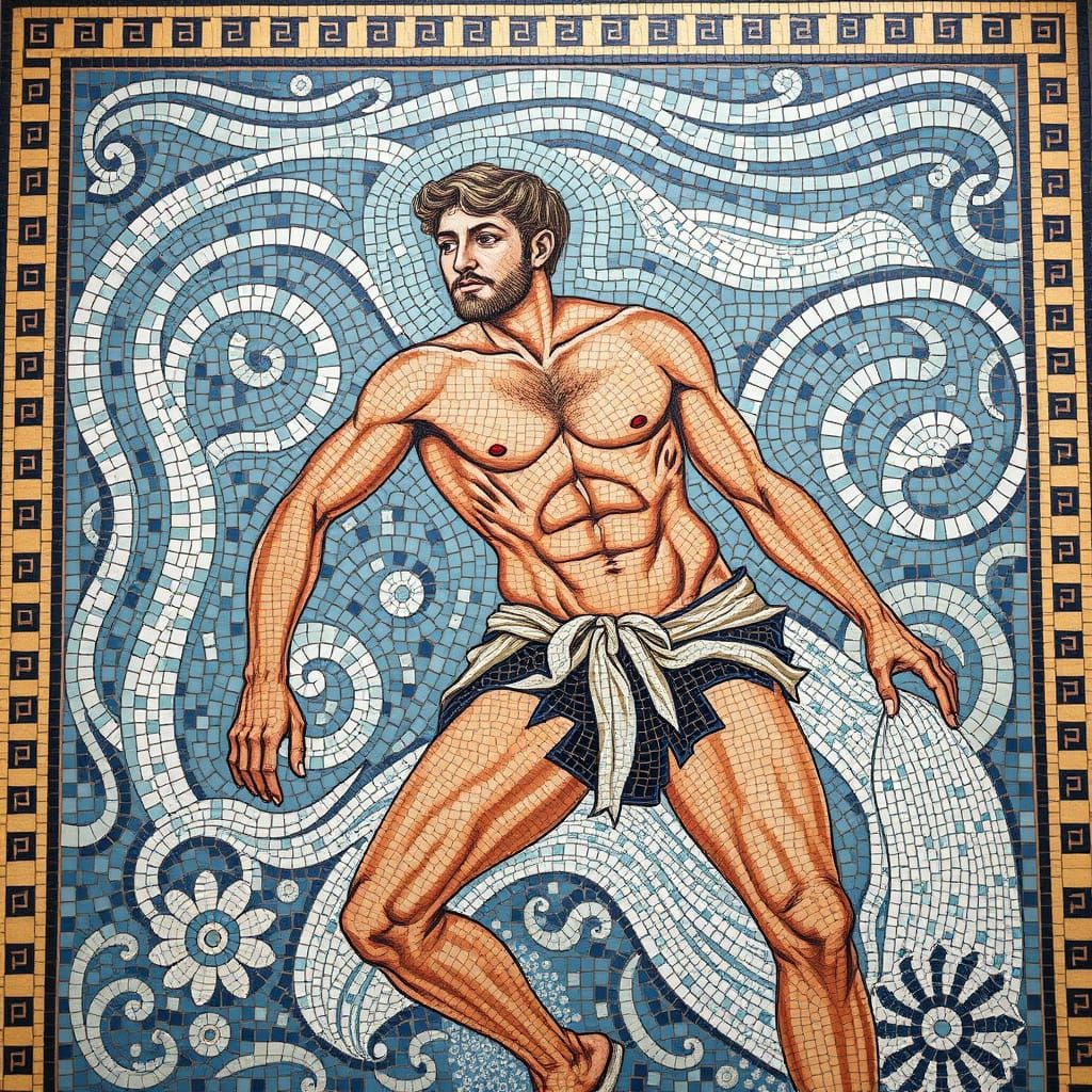 mosaic A detailed Greek mosaic floor depicting a very handsome, 20 year old, muscular, swimmer Greek ...  by @Shevek