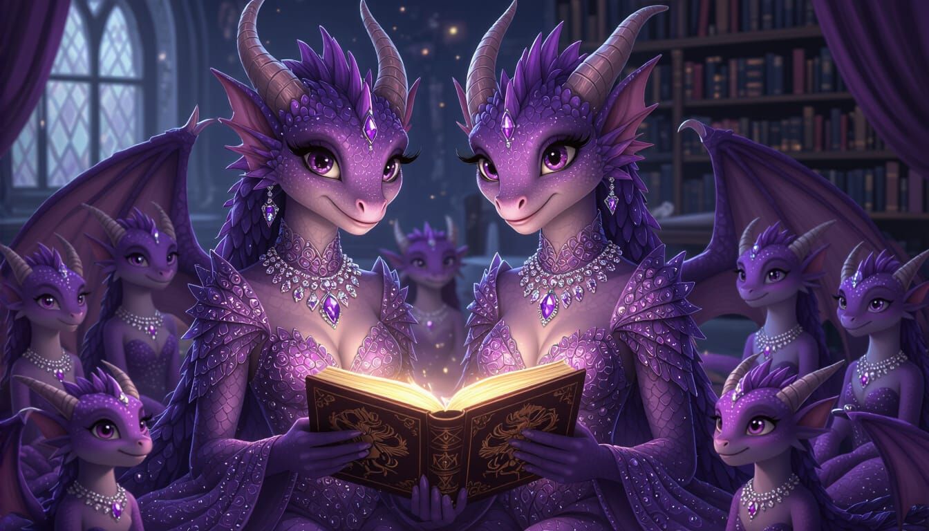 two purple with grey accent coloured female adult dragons with matching scales and wings, with matching eyes and big eyelashes wearing a exp...