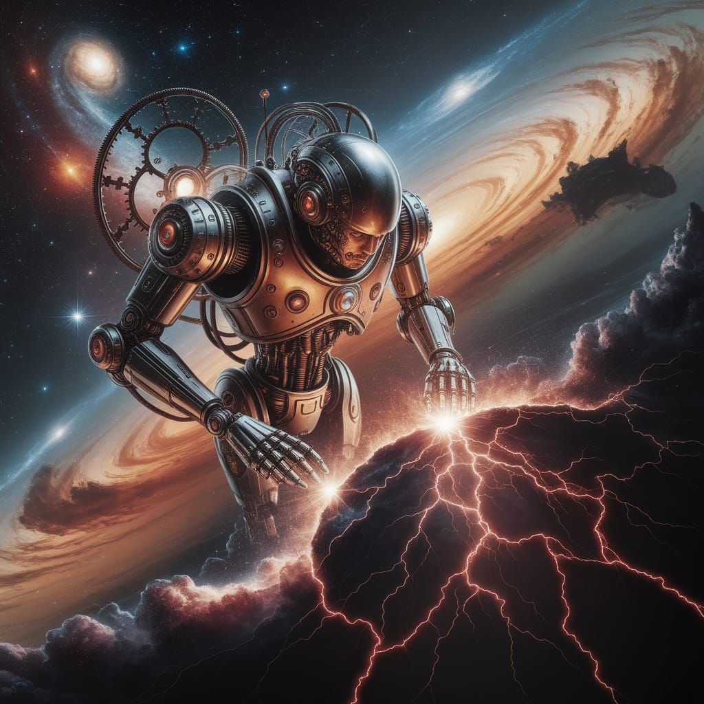 A celestial clockwork automaton, powered by starlight, meticulously repairs a fractured nebula. Gears and cosmic dust swirl around its intri...