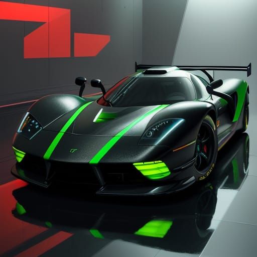 A sleek Mosler MT500 race car with a dynamic, high-gloss finish, featuring a bold yet simple paint pattern design dominated by a rich, dark ...