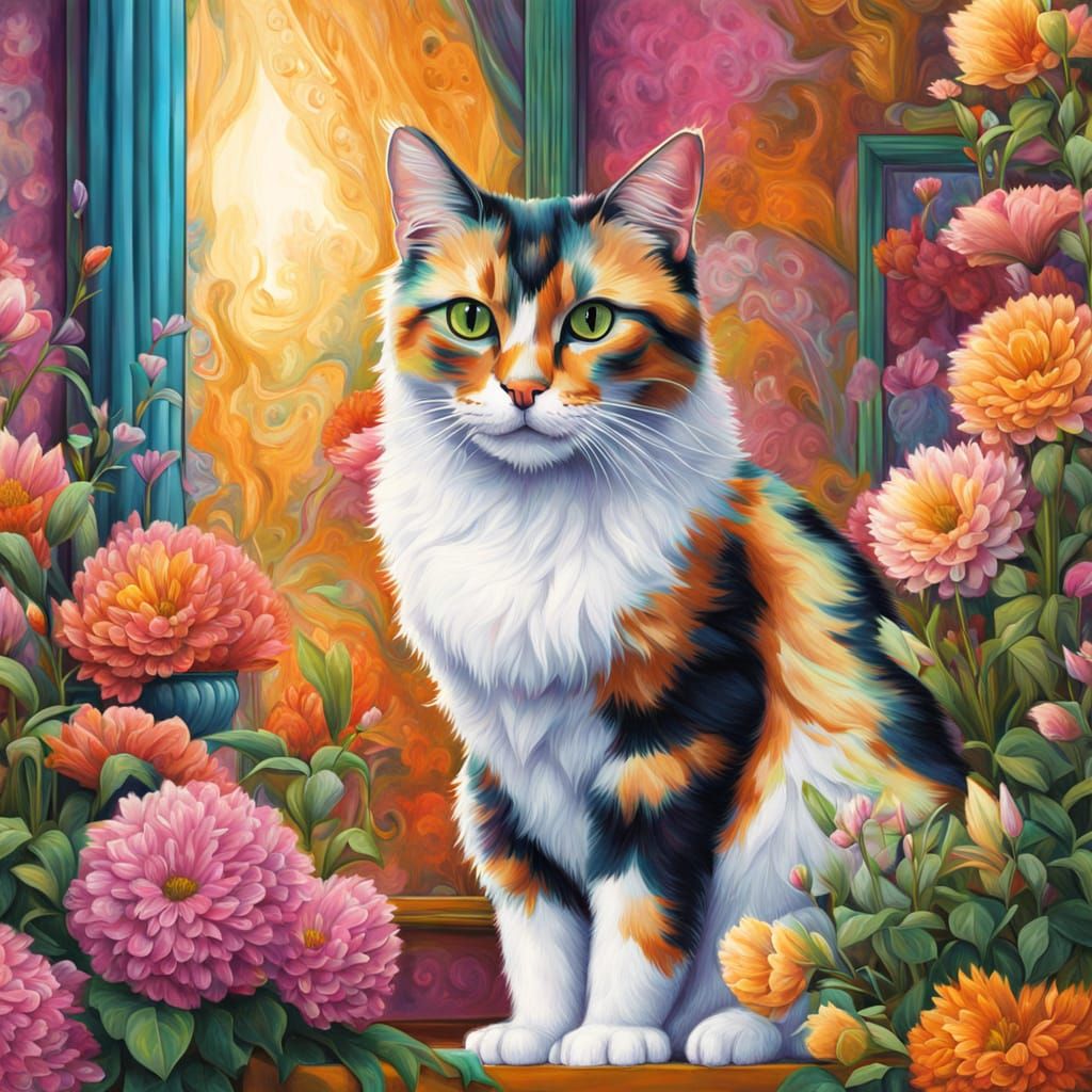 A Calico Cat with a Bunch of Flowers and Mirror  by @Ate My Crayons 