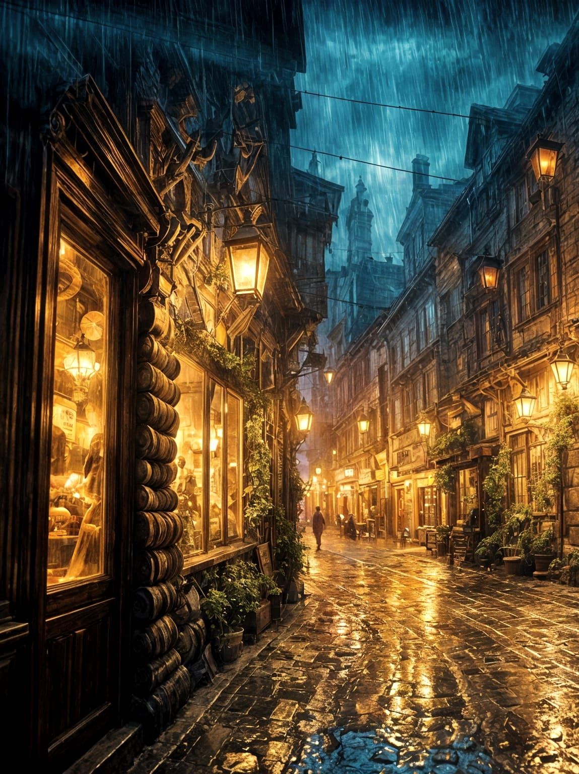 A glowing tavern window on a rainy night  by @Hinarist26