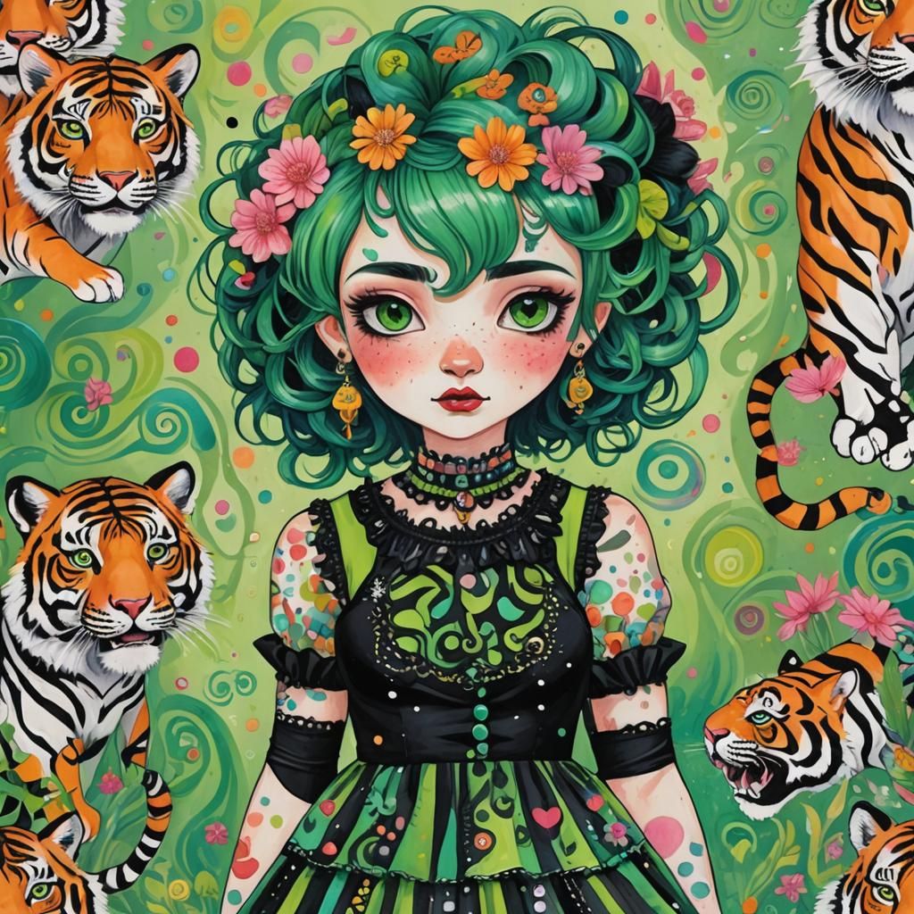 Cute Goth Girl with Tigers in Candyland Gouache