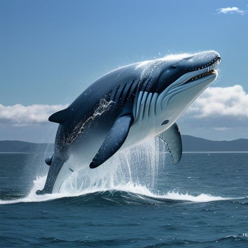 A Whale Surfs on a Wave of Water and Clouds over a Mountain