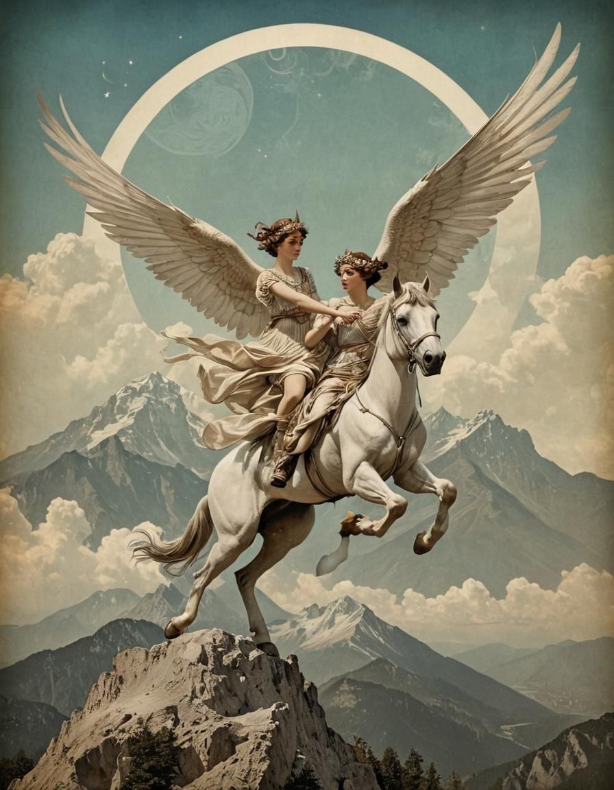 Pegasus FLYING OVER Mount Olympus, SUPERB Detailed Matte, High Contrast, Alphonse Mucha, Tim Burton, Catrin Welz-Stein