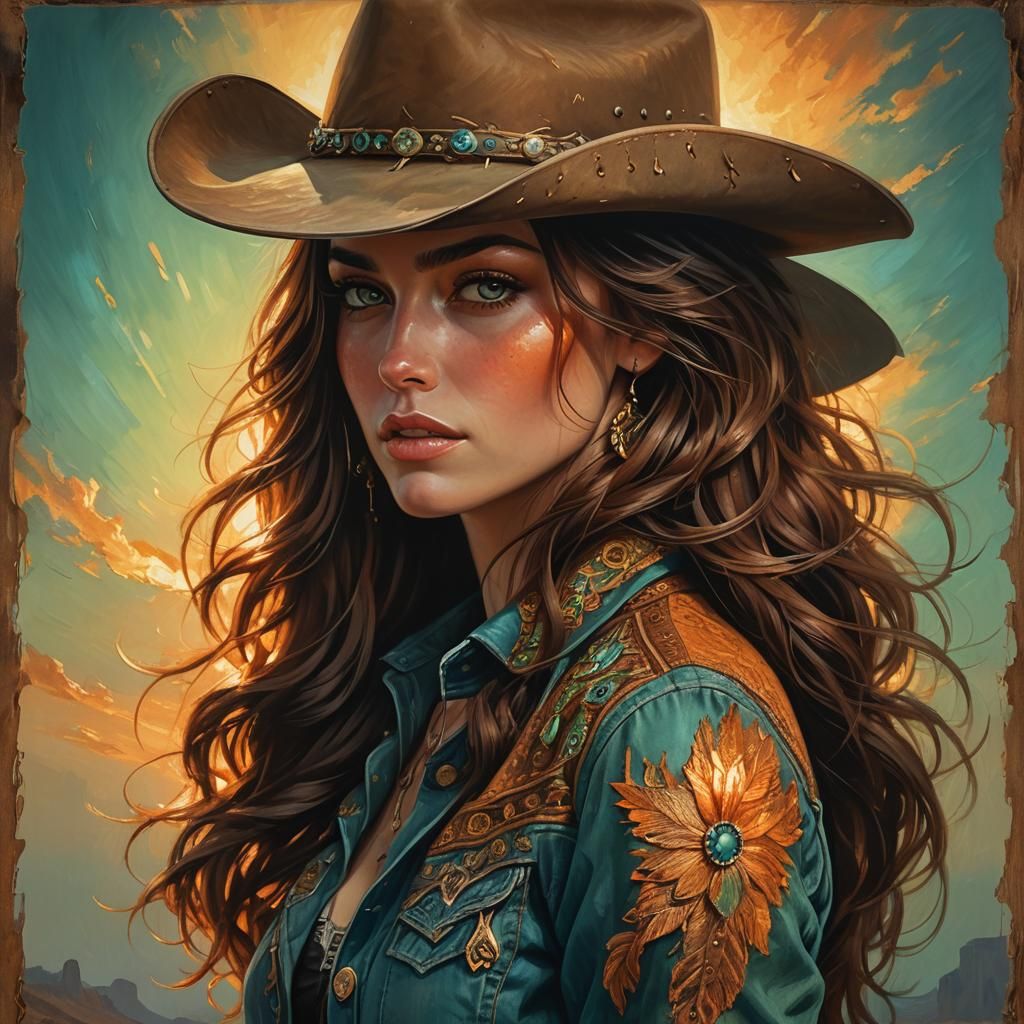 Cowgirl Portrait with Green Eyes in Art Nouveau Style
