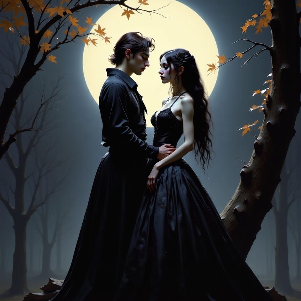 <lora:Pre-Raphaelites2:1.0> Portrait of a vampire lovers rising from their tomb, full Moon, Halloween night, a maximalist masterpiece