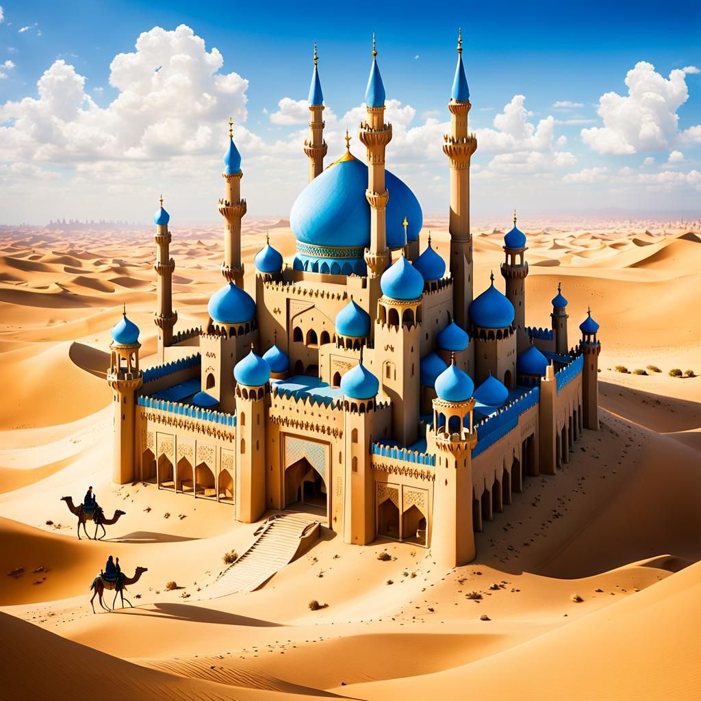 Minimalist stylized Arabian castle from Disney's Aladdin. in desert sand dunes. Vintage travel poster. illustrator vector style. Grainy text...