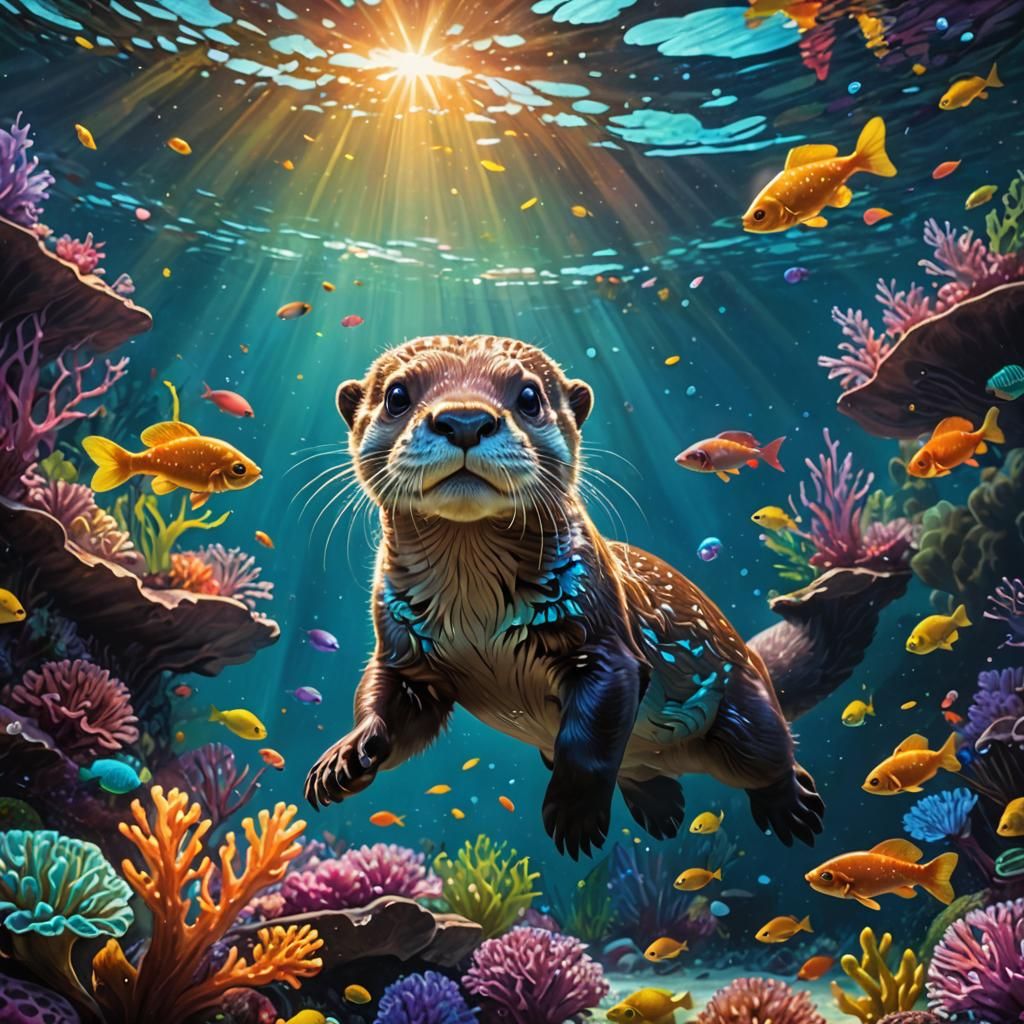 A cute baby otter hunting fish  by @Daleone