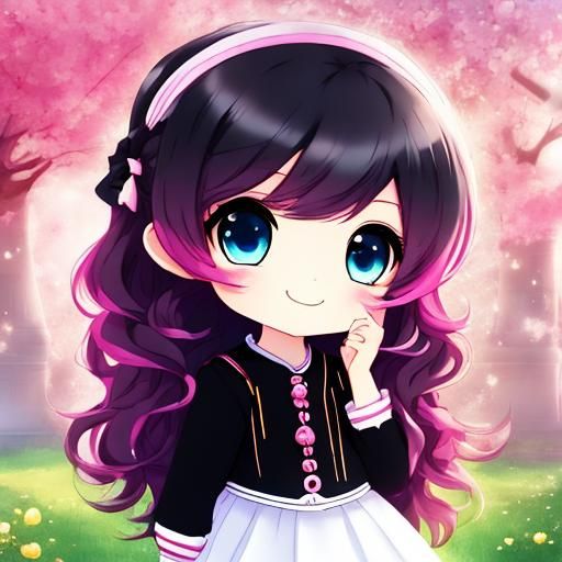Cute girl, black pink ombre hair long, smiling, animation chibi style sketched, white skin, blue eyes <lora:ChibiCharm AC50:1.0> 