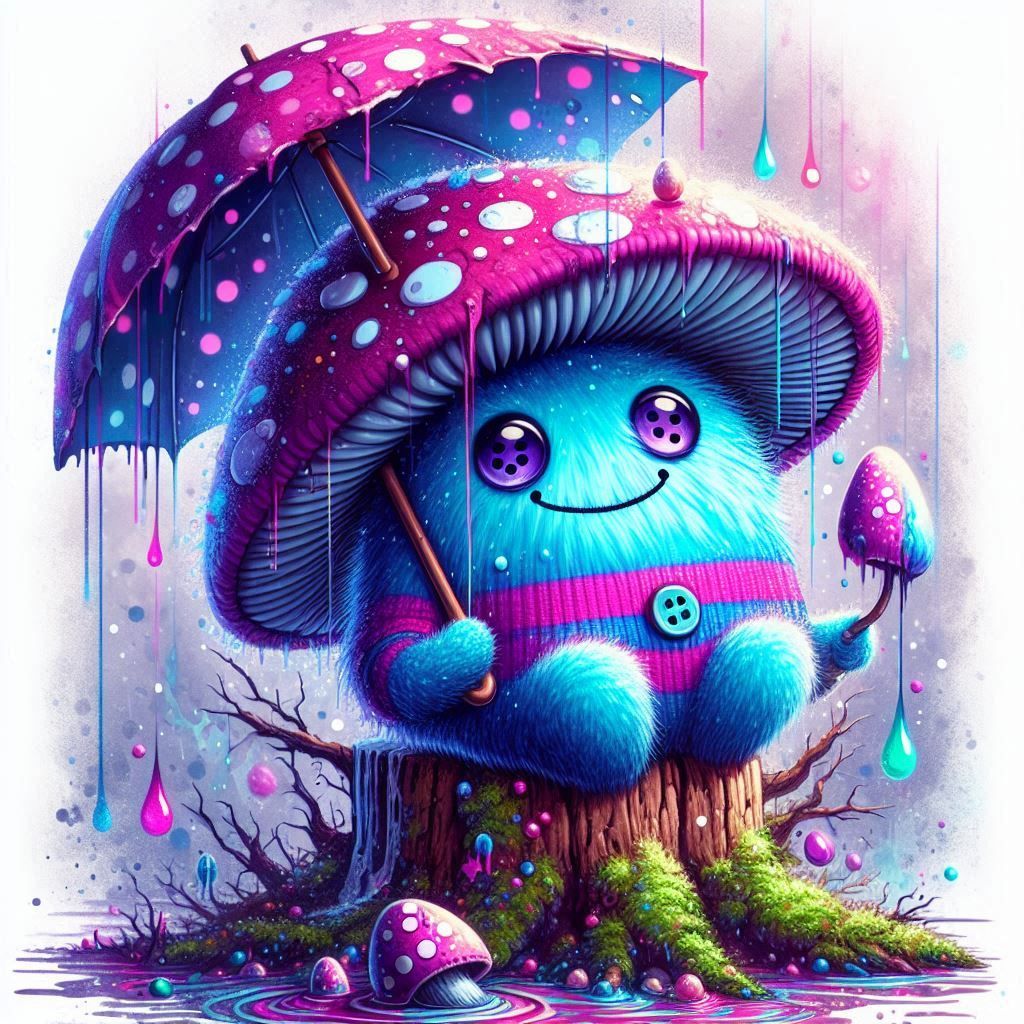 Fluffy mushroom spirit with bright white, blue, pink striped shirt, mismatched buttons for eyes and a cheerful grin, leaning on a mossy log,...