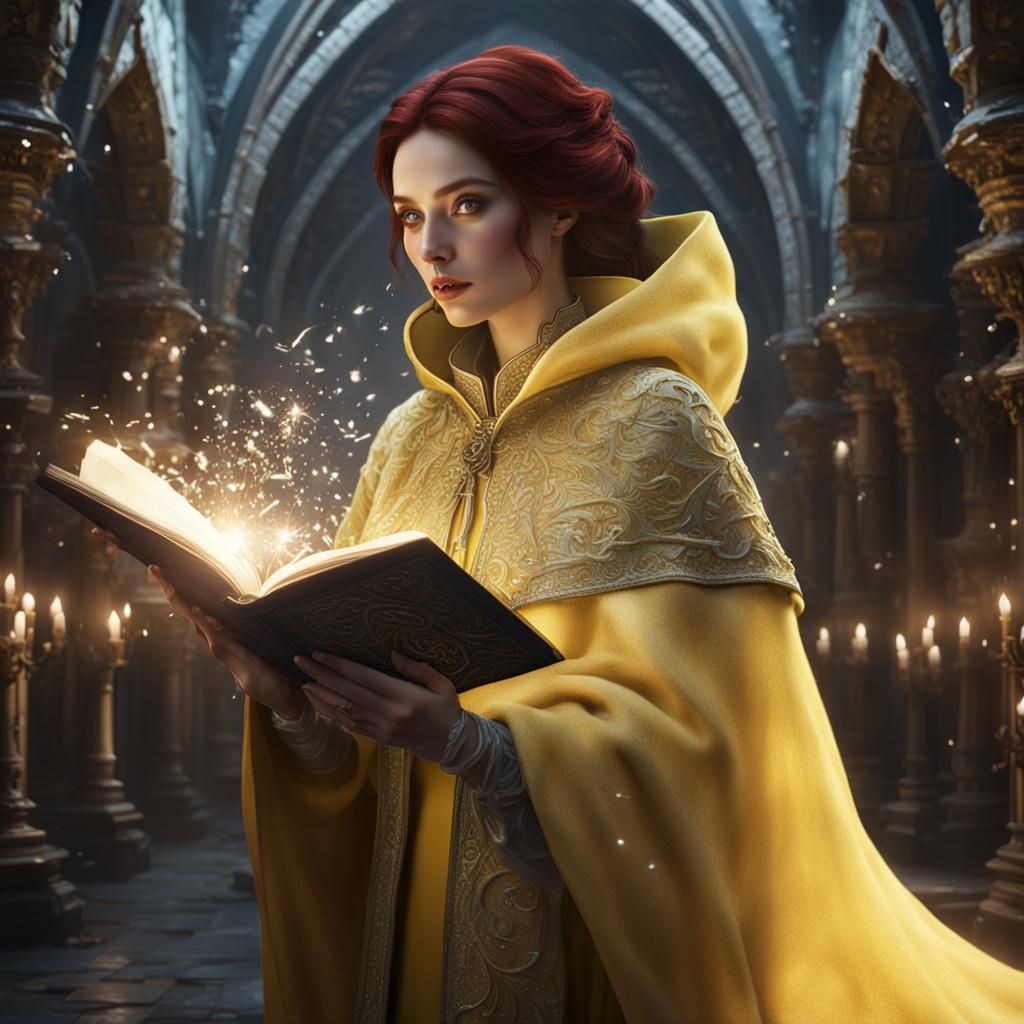 ethereal woman with dark auburn hair wearing a light yellow ...