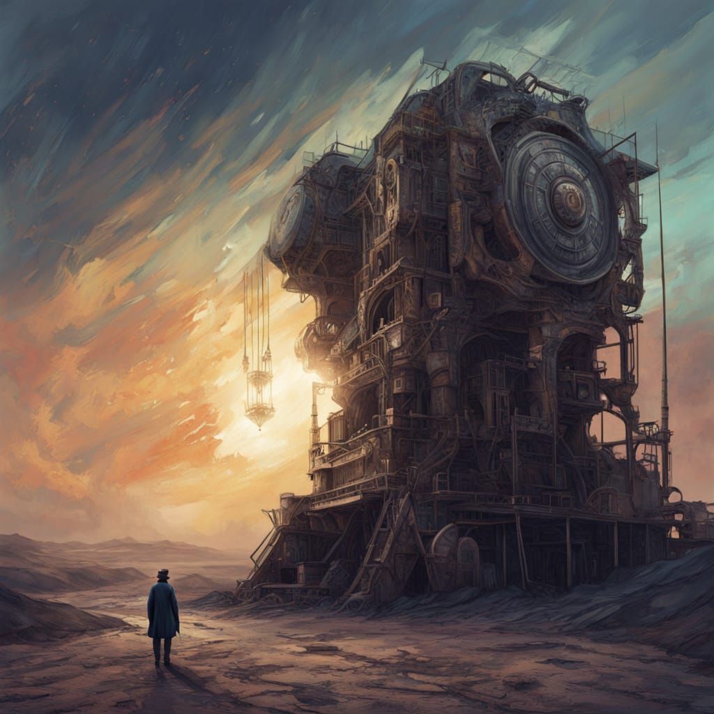 A lone artist stands at the window of a minimalist Martian habitat, painting the stark red landscape outside. The interior is functional and...