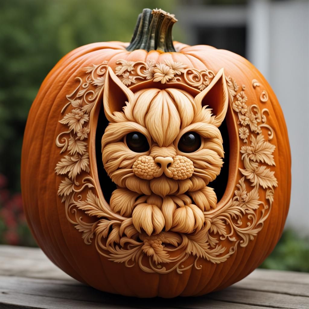Detailed Carved Pumpkin: Cute Halloween Decoration