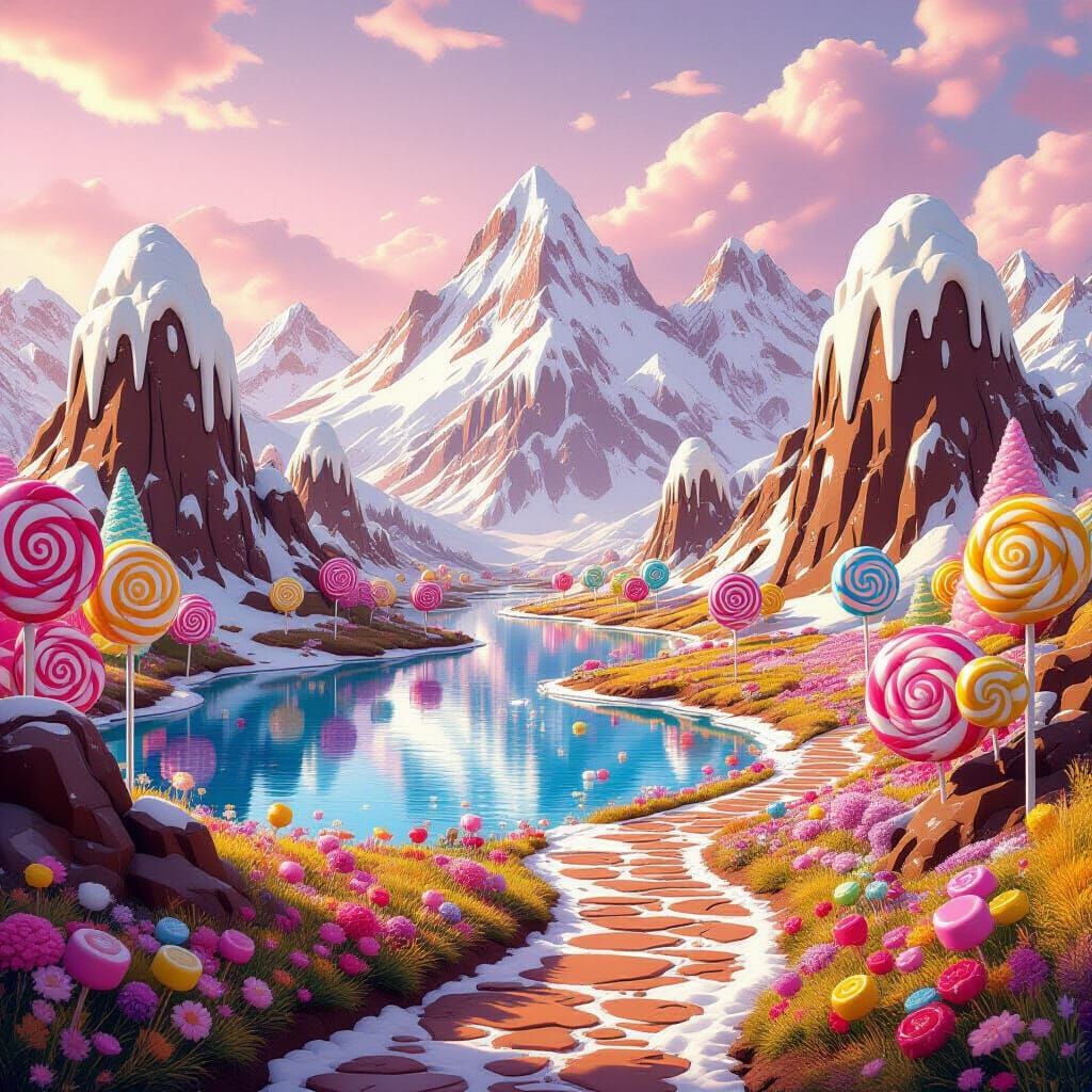 A fantasy world where mountains are made of chocolate fudge topped with marshmallow dripping down the ...  by @Chippy