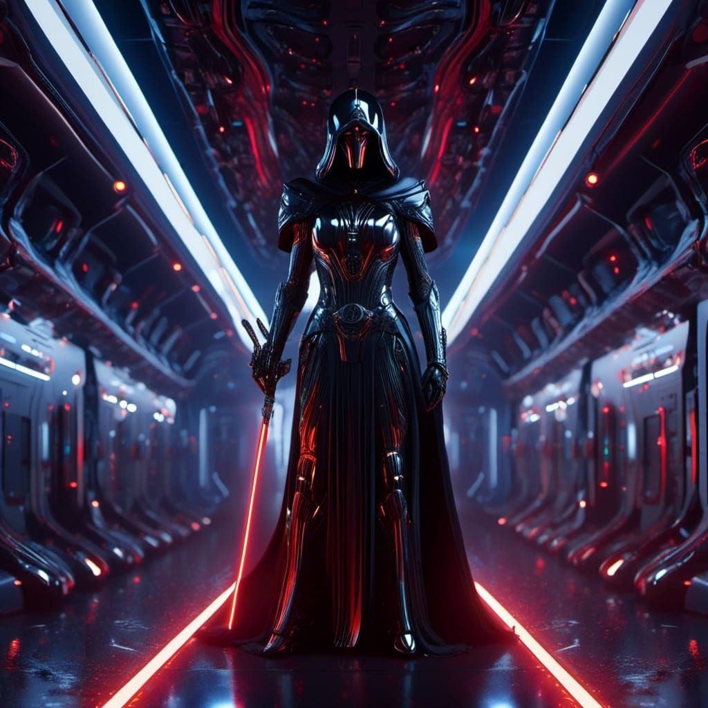 (beautiful sith lord:2.5) full body portrait, on a futiristic corridor,  ship interior, extrem details, <lora:Fantasy x SF:1.0> detailed mat...