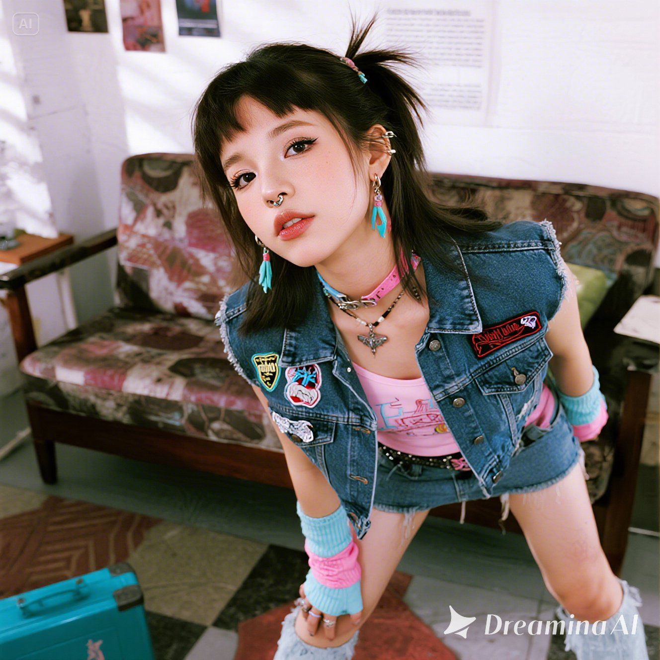 80's punk girl with cute-punk mix outfit