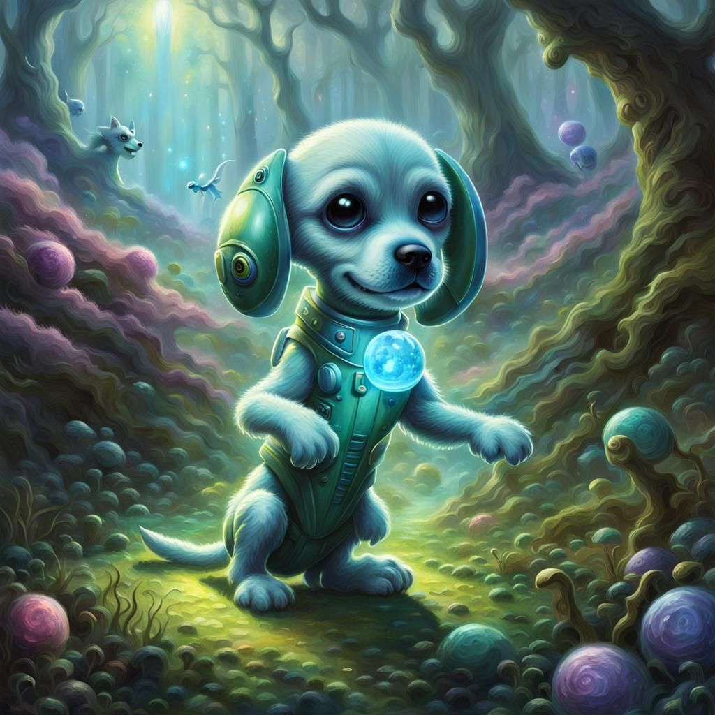 Cute cuddly alien dog playing fetch with its alien owner ethereal ...