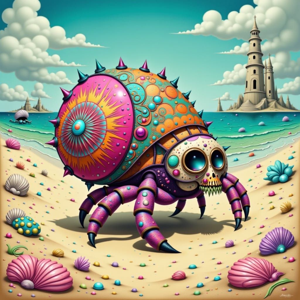 Beneath a sun that spills liquid gold across the hot sand, among gleaming seashells and the ruins of forgotten sandcastles, moves a creature...