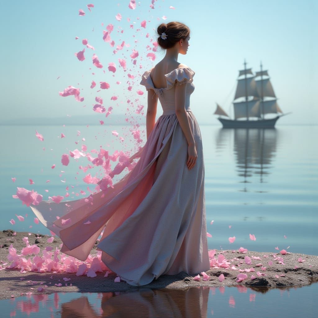 <lora:AffectaFlux:1.0> A woman in an elegant Victorian dress stands on the shore of the sea, pink petals fall from above, she is reflected i...
