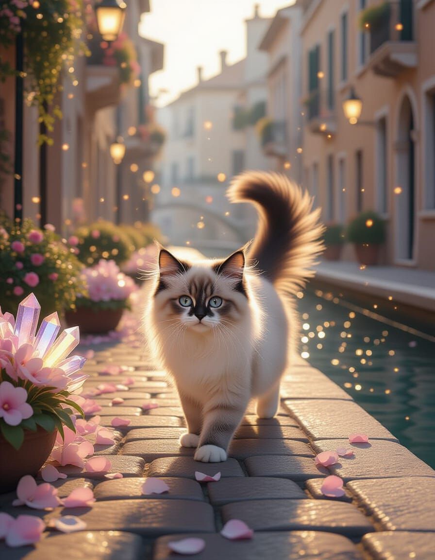 realistic fantasy scene, a seal colorpoint ragdoll kitten walking gracefully along a cobblestone street beside a sparkling canal filled with...
