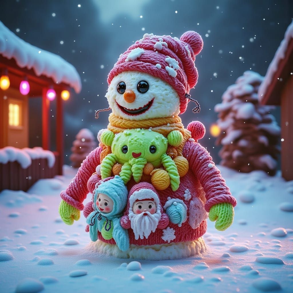 A kitschy snowman, constructed from mismatched holiday ornaments and wearing a garish, hand-knitted sweater ...  by @Susi