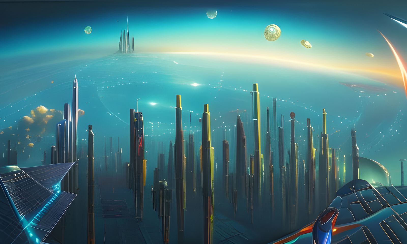 Futuristic city with people staring at the sky, starlink sat...