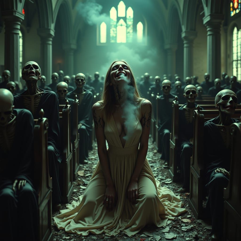 <lora:Realistic Terror:1.0> Close-up portrait of a woman kneeling in a ruined church, her mouth torn open as ash pours out like smoke. Behin...