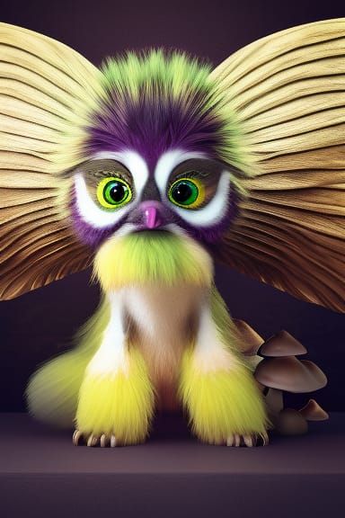 A cute realistic lifelike mystical furry creature with big eyes, colorful  wings sitting on a mushroom hyper detailed HDR Cinema 4D 8K 3D be... - AI  Generated Artwork - NightCafe Creator