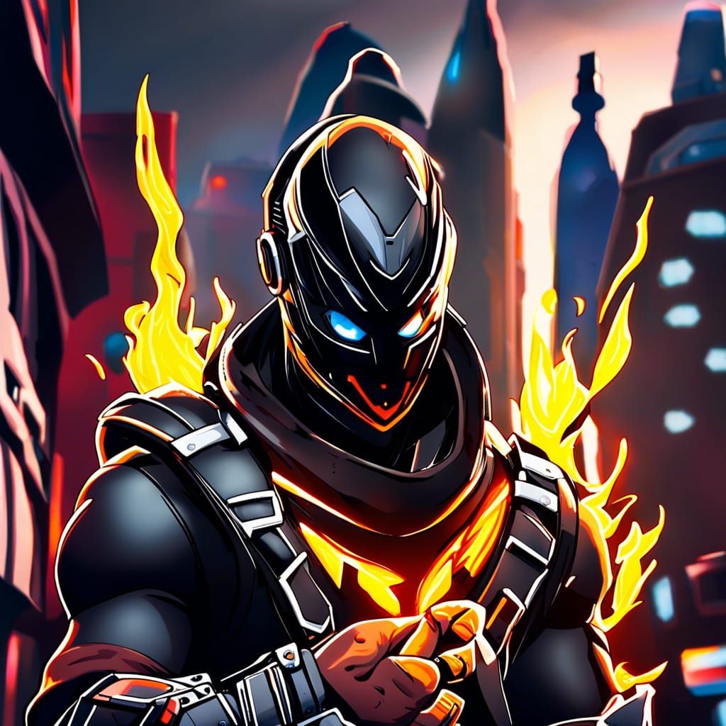 Ein Superheld der ein rotes Laserschwert in der Hand hat und einen schwarzen Umhang trägt.Der Hintergrund ist eine Stadt die sehr Modern aus...