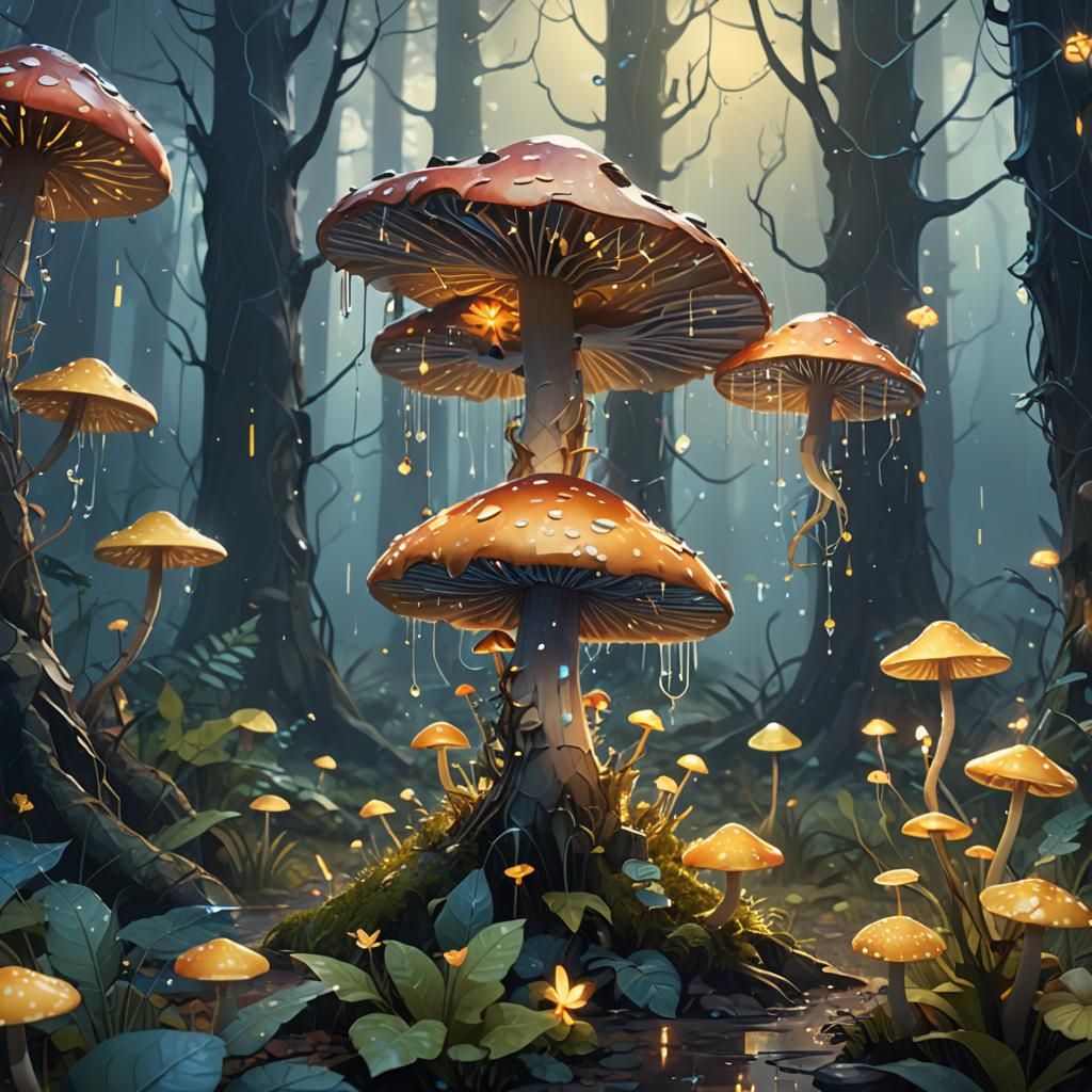 Mushroom Creature and Fairy in Magical Forest